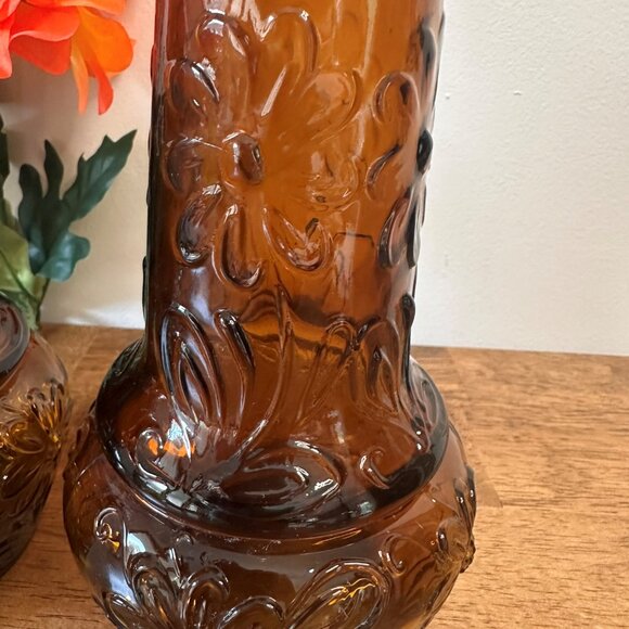 Vintage MCM Amber Glass Genie Bottles Pair Portugal Embossed Floral Decanter Vas - Picture 7 of 7